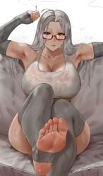 1girls ahoge armpits artist_name ayase_seiko bare_shoulders breasts brown_eyes cigarette cleavage closed_mouth collarbone couch dandadan easonx feet female female_only fingerless_gloves foot_fetish foot_up glasses gloves grey_sleeves hair_over_shoulder hand_up holding holding_cigarette large_breasts long_hair looking_at_viewer mature_female on_couch parted_bangs sitting stirrup_legwear sweat sweaty_armpits sweaty_clothes sweaty_feet tank_top thick_thighs thighs toeless_legwear toes very_sweaty white_hair white_tank_top