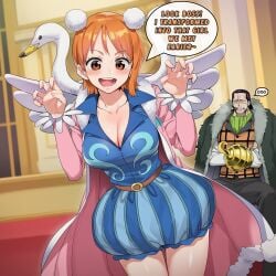 absurd_res absurdres ai_generated blush bon_clay color commentary crocodile_(one_piece) darklust devil_fruit_power dialogue disguise english english_commentary english_dialogue english_text female hi_res high_resolution highres human large_breasts motion_blur motion_lines nami_(one_piece) novelai one_piece self_upload sir_crocodile speech_bubble speed_lines sweat tagme text transformation uncensored