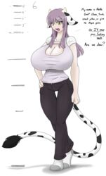 1girls angelthecatgirl big_breasts bovine breasts clothed cow_girl female_only horns huge_breasts kesta_kemeshi looking_at_viewer macro purple_hair standing text thigh_gap wide_hips yellow_eyes