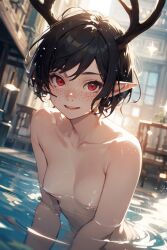 ai_generated antlers beach black_hair club elf_ears eye_contact female gloves jean_shorts nightclub pixie_cut red red_eyes red_gloves seductive_expression short_hair shorts smirk smug_expression stripper teasing topless usebackdooronly