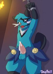 absurd_res armpit_tuft arms_above_head ball_gag ball_tuft balls blush blush_lines bodily_fluids bondage bound chained chained_cuffs chains cheek_tuft cuff_(restraint) cum cum_drip davyboi dewott dripping drool_on_gag drooling dungeon enslaved eye_patch eyewear facial_tuft fluffy gag gagging generation_5_pokemon genital_fluids genitals hands_tied hi_res looking_at_viewer looking_pleasured male nintendo penis pokemon pokemon_(species) restrained restraints saliva shell slave solo spearmint_iv_the_dewott torch tuft