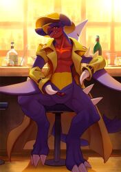 2_penises alternate_version_at_source animal_genitalia animal_penis anthro blue_body blush bodily_fluids bottomless claws clothed clothing dripping garchomp generation_4_pokemon genital_fluids genital_slit genitals hemipenes hi_res looking_at_viewer male multi_genitalia multi_penis nintendo orange_body penis pokemon pokemon_(species) precum precum_drip shaded sitting solo tenebscuro toe_claws tongue tongue_out yellow_body