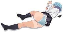 black_socks blue_hair blue_panties book female lying_on_side neyuki_rei polka_dot_panties reading skirt skirt_lift smartphone solo tanline tanned white_background white_shirt