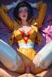 ai_fingers ai_generated bed bedroom bedroom_sex breeding closed_eyes cowboy_bebop enjoying enjoying_sex enjoyment erect_penis erection faye_valentine gloves headband hookup horny-aspect human human_female human_male light-skinned_female light-skinned_male light_skin lipstick lying lying_on_back lying_on_bed male_on_female missionary missionary_position missionary_sex muscular muscular_male naked naked_male open_mouth orgasm orgasm_face penis penis_in_pussy purple_hair ripped_bodysuit ripped_clothing ripped_pants sex spacecraft spaceship spread_legs spreading teeth vagina vaginal_penetration vaginal_sex white_skin white_skinned_female white_skinned_male white_stripes yellow_bolero_jacket yellow_crop_top