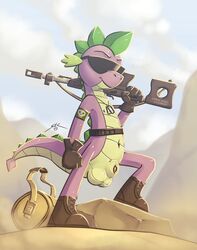 2013 anthro army bag balls belt boots desert dog_tags dragon eyewear friendship_is_magic furry gloves gun male male_only my_little_pony no_humans nude penis ranged_weapon rock scalie sheath smooth_skin sniper solo spike_(mlp) spikes spotty_the_cheetah sunglasses weapon