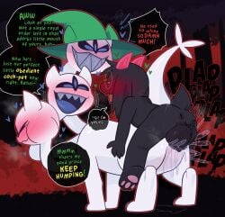 3_eyes 3_heads animal_genitalia animal_vulva balls black_body black_fur blue_tongue blush blush_lines bodily_fluids breath canine_genitalia canine_vulva clothing clover_(deltarune) crushpepper deltarune drooling english_text from_behind_position fur genitals hat headgear headwear heart_symbol hearts_around_head hi_res horn laugh mounting multi_eye multi_head panting pink_horn plap ralsei saliva sex sharp_teeth speech_bubble tagme teeth text tongue undertale_(series) vaginal_penetration white_body