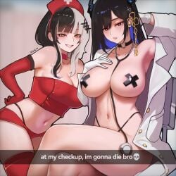 2girls big_breasts doctor hololive hololive_english hololive_english_-advent- hospital instagram instagram_story nerissa_ravencroft nurse panties pasties qone shiori_novella stethoscope