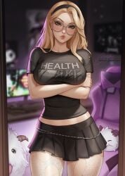 1girls arms_crossed arms_crossed_under_breasts band_shirt big_glasses blonde_hair blue_eyes bootybear breasts clothed clothed_female clothing crossed_arms female female_focus female_only gamer gamer_girl glasses goth goth_girl hair hair_ornament hairband long_hair looking_at_viewer luxanna_crownguard medium_breasts miniskirt non-nude non_nude poro_(league_of_legends) pout pouting pouting_at_viewer riot_games round_glasses t-shirt torn_leggings torn_legwear
