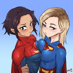 2girls alien alien_girl athletic_female big_breasts black_hair blonde_female blonde_hair blue_eyes blush boob_squish breast_squish breasts cape curvaceous curvaceous_body curvaceous_female curvaceous_figure curvaceous_hips curvy curvy_body curvy_female curvy_figure curvy_hips dc dc_comics dc_extended_universe dceu dcu dual_persona female female_focus female_only fully_clothed large_breasts medium_hair multiple_girls short_hair supergirl supergirl_(dcu) supergirl_(sasha_calle) superheroine superman_(2025) superman_(series) sytokun the_flash_(2023) the_flash_(series) thight_clothing tight_clothing