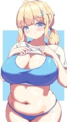 :o ahoge animated bikini blinking blonde_hair blue_background blue_bikini blue_eyes blunt_bangs blush breasts cleavage closed_mouth clothes_lift commentary_request female hair_ornament highres large_breasts long_hair looking_at_viewer navel open_mouth original piao_mao pixel_art plump shirt shirt_lift short_sleeves sidelocks simple_background smile stomach swimsuit t-shirt tagme twintails two-tone_background ugoira video white_background white_shirt x_hair_ornament