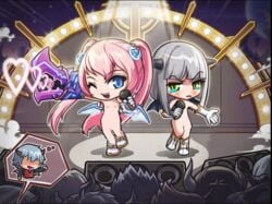 2girls angelic_buster blue_eyes concert edea_(maplestory) green_eyes grey_hair kaiser_(maplestory) long_hair maplestory microphone multiple_girls nude pink_hair smile tear tied_hair twintails wink