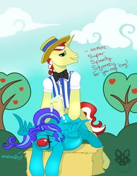 apple blush bow_tie buttjob clothes color day duskfall english_text equine flim_(mlp) friendship_is_magic from_behind fruit fur furry furry_only gag gay hair hat hay headgear horn horse male my_little_pony outdoors pegasus pony sex text tree two_tone_hair wings wood