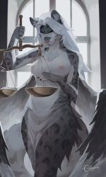 2025 5_fingers absurd_res anthro areola biped breasts claws closed_eyes clothed clothed_anthro clothed_female clothing commission countershade_fur countershade_torso countershading digital_drawing_(artwork) digital_media_(artwork) felid female finger_claws fingers front_view fur genitals grey_body grey_fur grey_spots grey_tail hair handpaw hi_res holding_object inside mammal markings nipples pantherine paws smile snow_leopard solo spots spotted_body spotted_fur standing tail translucent translucent_clothing vulva white_hair whitetetshu window wings