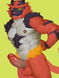 abs anthro balls biceps chest_fur erection felid feline generation_7_pokemon genitals green_eyes hi_res incineroar male male_only mammal muscular muscular_male nintendo nipples pecs penis pokemon pokemon_(species) red8ean solo solo_male tongue tongue_out