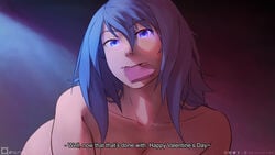 blue_hair english_text female glowing_eyes in_mouth long_hair looking_at_viewer nude original_character orihalchon pov subtitled talking_to_viewer valentine's_day yume_tsuiseki_(orihalchon)