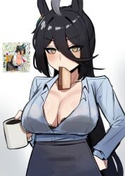 1girls ahoge animal_ears big_breasts black_hair breasts cleavage coffee coffee_mug dress_shirt female female_only horse_ears horse_girl iog_art large_breasts light-skinned_female light_skin manhattan_cafe_(umamusume) open_clothes open_shirt pencil_skirt ponytail reference_image skirt solo tied_hair umamusume umamusume_pretty_derby wplace yellow_eyes