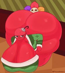 absurd_res against_surface against_wall animate_inanimate ass big_breasts big_butt bobette_(dandy's_world) breasts christmas_decorations christmas_ornament cleavage clothed clothing dandy's_world dandy_(dandy's_world) duo elemental_creature eyelashes female flora_fauna flower flower_creature for_a_head fromariels green_clothing green_sweater green_topwear hi_res huge_breasts huge_butt humanoid kneeling male male/female object_head plant red_body red_skin roblox smug smug_face smug_grin sweater toons_(dandys_world) topwear