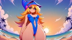 1girls 2025 ai_generated ass_visible_through_thighs beach blonde_hair blue_swimsuit bracelet cameltoe cleavage closed_mouth cloud cowboy_shot dark_magician_girl female from_below green_eyes hair_between_eyes highres human long_hair looking_at_viewer medium_breasts navel necklace ocean one-piece_swimsuit outdoors palm_tree sky solo standing sunset water wizard_hat yu-gi-oh!