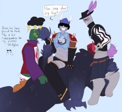 anal anal_sex blue_blush blush bunny_ears bunny_feet bunny_tail clockwork_(roblox) clothed clothes clothing color colored drawing english_text fedora foursome grabbing_horns green_body grey_body hat horns mrdoombringer oral oral_sex paws purple_blush roblox roblox_admins robloxian robot robot_humanoid self_upload shittysins sitting_on_back sitting_on_person size_difference sketchy stoecker_(roblox) sunglasses text threesome throat_fuck wookong_(roblox) yellow_blush