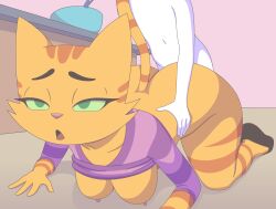 kyde tabby_cat nipples sex 1girls accurate_art_style animated gif orange_hair orange_fur female feline cat_ears cat_tail anthro human_on_anthro lifted_shirt exposed_breasts from_behind doggy_style green_eyes on_the_floor floor shoes big_ass big_breasts fat_ass jiggle
