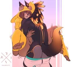 alternate_version_at_source anthro asyr_(notravi) balls bear bottomwear bottomwear_down brown_bear brown_body brown_fur brown_hair canid canine canis clothed clothing duo feet female female_anthro female_penetrated footwear fur genitals hair hi_res humanoid_feet interspecies jackal leggings legwear male male/female male_anthro male_penetrating male_penetrating_female mammal moan multicolored_body multicolored_fur notravi open_mouth pants pants_down partially_clothed penetration penile penile_penetration plantigrade sex sitting socks soles standing stirrup_legwear stirrup_socks twitching ursine winnie_(8un8un) yellow_clothing yellow_leggings yellow_legwear