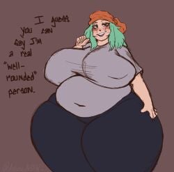 1girls askora bbw belly blush breasts chubby chubby_female emi_fukukado english_text female green_hair huge_breasts joke my_hero_academia thick_thighs thighs