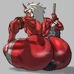 1femboy 2boys 2d 2d_(artwork) butt_crush club da_ra_ra_ra digital_drawing_(artwork) facesitting femboy huge_ass muscular_femboy oni red_skin redraw remake steaming_body sweat sweaty_ass white_hair