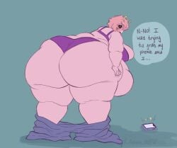 1girls askora ass ass_focus bbw behind_view dropped_pants embarrassed fat fat_female fat_fetish female horns massive_ass mina_ashido my_hero_academia overweight overweight_female panties pants pants_down phone pink_hair pink_skin purple_bra purple_panties