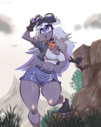 1girls angel angel_girl bare_legs bare_thighs big_breasts blue_eyes clothed clothing color emily_(hazbin_hotel) explorer female female_focus female_only hazbin_hotel hi_res jean_shorts large_breasts long_hair nipple_bulge no_bra solo solo_female stormrayneart sweat tagme thick_thighs vivienne_medrano white_hair