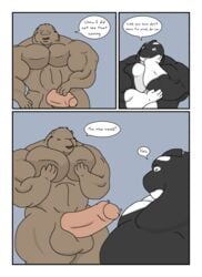 anthro balls bear big big_penis breakfast bulge cetacean comic dialogue erection growth gut heart hyper hyper_penis kitchen male male_only marine muscles nude orca pecs penis sex stupidgit tongue