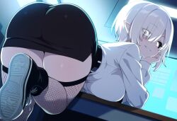 ai_generated behind_view big_ass big_breasts big_thighs black_sclera black_tie comic converse female fishnets leg_up looking_at_viewer looking_back oc on_desk original_character pointy_ears seven-chan shoes skirt slifer7 smile tagme white_hair