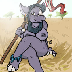 2012 anthro big_breasts breasts ear_piercing feathers female grass hindpaw horn jewelry nipples nude paws piercing polearm rhinoceros siroc sitting solo spear tree wood
