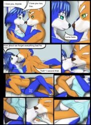 <3 1boy 1girls anthro blue_body blue_fur blue_hair butt canid canine comic duo female foreplay fox fox_mccloud fur furry future hair heart hi_res kissing krystal love male male/female mammal moltsi nintendo nude star_fox straight video_games white_body white_fur