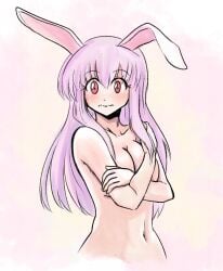 1girls addamelech big_breasts blush breasts covering covering_breasts covering_self embarrassed female full-face_blush imperishable_night looking_at_viewer purple_hair red_eyes reisen_udongein_inaba shy solo touhou upper_body