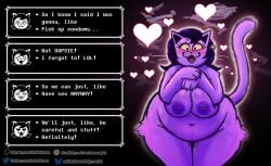 2025 anthro big_breasts black_hair blush breasts catty_(undertale) dialogue_box domestic_cat english_text excited expression_avatar felid feline felis female fur genitals hair heart_eyes heart_pupils heart_symbol hi_res mammal nipples nude open_mouth outletdraws overweight overweight_female purple_body purple_fur signature smile solo tail teeth text text_box thick_thighs tongue tongue_out undertale undertale_(series) vulva