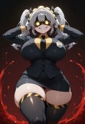 ai_generated big_ass big_breasts blood female full_body grey_hair j_(murder_drones) md_love murder_drones office_clothing short_hair standing twintails yandere yellow_eyes