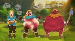 2023 5_fingers belly big_breasts black_text blin_(tloz) blonde_hair blue_tongue boots braided_hair breast_expansion breasts breath_of_the_wild brown_boots brown_clothing brown_footwear clothing color_change digital_drawing_(artwork) digital_media_(artwork) ear_piercing ear_ring english_text erect_nipples expansion female fingers footwear hair hand_on_belly hi_res holding_melee_weapon holding_object holding_polearm holding_spear holding_weapon humanoid humanoid_pointy_ears hylian light_blush long_hair looking_at_viewer melee_weapon moblin navel nintendo nipple_outline nipple_piercing nipples opals open_mouth piercing pointy_ears polearm red_body red_skin ring_piercing round_nose screencap screencap_background sequence shoes solo spear species_transformation speech_bubble spiral spiral_eyes standing teal_clothing teal_eyes teal_sclera teal_tongue teal_topwear text the_legend_of_zelda tongue topwear transformation weapon