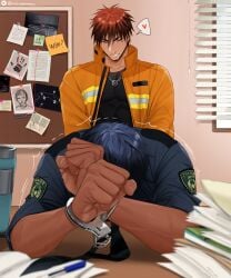 anal anal_sex aomine_daiki blue_hair daiki_aomine dark-skinned_male dark_skin firefighter firefighter_jacket firefighter_uniform from_behind from_behind_position gay gay_anal gay_male gay_sex handcuffed handcuffs implied_anal implied_penetration implied_sex kagami_taiga kuroko_no_basuke male male/male male_focus male_only male_penetrated male_penetrating male_penetrating_male nekido office office_desk office_sex police police_officer police_uniform red_eyes red_hair smirk smirking taiga_kagami tie trembling vein veins veiny veiny_arms