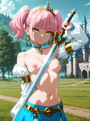 ai_generated arm_behind_back arm_up armlet armpits bangs bare_shoulders belt blue_choker blue_gemstone blue_skirt blue_sky blunt_bangs breasts buccha castle choker closed_mouth clothing cloud collarbone crown day detached_sleeves earrings expressionless female gem grass headwear holding holding_sword holding_weapon jewelry long_sleeves looking_at_viewer medium_breasts navel nipples original outdoors pink_hair puffy_sleeves short_twintails skirt sky small_breasts solo standing stomach sword tiara topless tree twintails weapon white_sleeves yellow_eyes