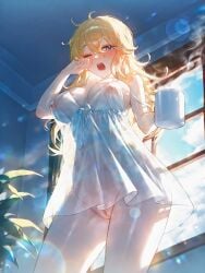 ;o ahoge ass_visible_through_thighs babydoll backlighting bare_arms bare_shoulders blue_hair blue_skin blurry blush bottomless breasts brown_eyes cameltoe camisole chemise cleavage cleft_of_venus coffee coffee_mug collarbone colored_nipples colored_skin contrapposto covered_nipples cowboy_shot crossed_bangs cup curtains day dress eyelashes female female_pubic_hair from_below genshin_impact groin hair_between_eyes half-closed_eyes hand_up holding holding_cup indoors jean_gunnhildr large_breasts leaf lens_flare light_blue_hair light_particles lingerie long_hair looking_at_viewer messy_hair ministro morning mug navel negligee nightgown nipples no_bra no_panties off_shoulder one_eye_closed open_mouth orange_eyes pale_skin panties plant potted_plant pubic_hair pussy red_eyes rubbing_eyes see-through see-through_dress see-through_silhouette self_upload shiny_skin sidelocks sleepwear sleepy sleeveless solo spaghetti_strap standing steam strap_slip sunlight tears teeth thighs uncensored underwear upper_teeth_only waking_up wavy_hair white_dress white_hair window yawning yellow_eyes yellow_ribbon