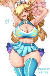 1girls absurd_res anisdrawn armpits arms_up bare_shoulders blonde_hair blue_eyes blue_shirt blue_skirt blue_thighhighs blush breasts brooch cheering cheerleader cleavage crop_top cropped_shirt crown earrings female female_focus female_only grey_crown hair_over_one_eye hi_res holding jewelry large_breasts long_hair looking_at_viewer mario_(series) midriff navel nintendo open_mouth pom_pom_(cheerleading) princess_rosalina purple_skirt rosalina shirt silver_crown simple_background skirt smile solo star_(symbol) star_brooch star_earrings super_mario_bros. teeth thick_thighs thighhighs thighs white_background wide_hips