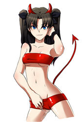 bare_shoulders blue_eyes breasts brown_hair demon_girl demon_tail drawfag fate/stay_night fate_(series) hair_ribbon hand_in_hair high_resolution horns lowleg lowleg_shorts midriff mound_of_venus naughty_face navel pussy_juice pussy_juice_drip pussy_juice_stain pussy_juice_trail ribbon short_shorts shorts solo tail tohsaka_rin tubetop two_side_up underboob