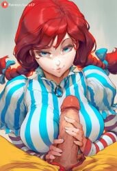 1boy 1girls ai_generated blue_hair clothed fast_food fast_food_employee female fingers_on_penis freckles hand_on_penis handjob large_breasts looking_at_viewer lucakp male male_pov mascot patreon patreon_link patreon_logo patreon_url patreon_username penis pov red_eyes ronald_mcdonald seductive seductive_eyes seductive_look seductive_smile tagme twintails wendy's wendy_thomas