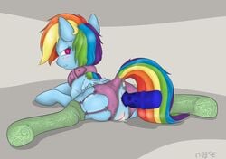 2012 anal anus blush cynicalmoose equine female friendship_is_magic hair horse lingerie looking_back lying multicolored_hair my_little_pony pegasus pony purple_eyes pussy rainbow_dash_(mlp) rainbow_hair solo spread_legs spreading stockings straight_hair wet wings zipper