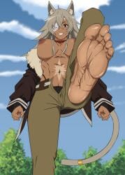 animal_ears ashilover44 big_breasts breasts breasts_out choker dressed eyepatch feet foot_fetish foot_focus ghislaine_dedoldia grey_hair long_hair looking_at_viewer muscular muscular_female mushoku_tensei mushoku_tensei:_isekai_ittara_honki_dasu nipples red_eye scar smiling sole sole_female soles_fetish solo_female spiky_hair stepping tail toes