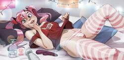 cameltoe fakku hitachi_magic_wand lifting lips looking_at_viewer lying_on_back momoka_(fakku) on_bed peakbuns pillow pink_hair red_shirt sex_toy striped_legwear striped_panties thighhighs twintails vibrator