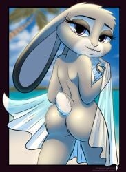 2020s 2023 absurd_res anthro ass big_butt blurred_background buckteeth disney female fur furnut grey_body grey_fur hi_res judy_hopps lagomorph leporid looking_at_viewer looking_back looking_back_at_viewer mammal multicolored_body multicolored_fur nipples outside palm_tree plant rabbit rear_view scut_tail short_tail solo tail teeth tree two_tone_body two_tone_fur zootopia