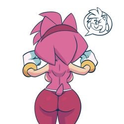 1girls amy_rose anthro ass backboob big_ass big_breasts breasts female female_only furry furry_only gluteal_fold monamania pants rear_view solo sonic_(series) sonic_the_hedgehog_(series) thick_thighs topless white_background wide_hips
