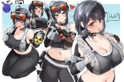 belt black_sports_bra breasts crop_top female fingerless_gloves fishnet_gloves fishnets gloves goggles goggles_on_head grace_howard grey_belt highres icoo large_breasts navel orange_eyes single_fingerless_glove solo sports_bra zenless_zone_zero zipper_top