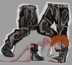 3boys all_fours baggy_pants balls boots cmnm faceless_character faceless_human faceless_male human leaking_precum male male/male male_only malesub military_uniform nude nude_male pants penis postal_(series) postal_dude puppyafterdark stepped_on submissive submissive_male trio
